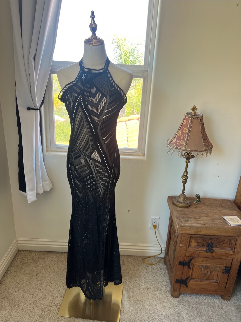 Black Geometric Sequin Halter Evening Dress